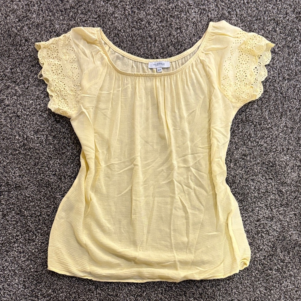 My Style Soft Yellow Eyelet Short Sleeve Slightly Sheer Top